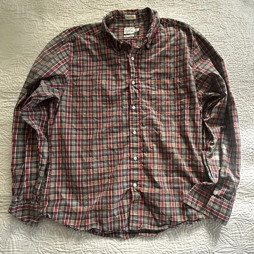 J. Crew Men's Casual Plaid Shirt - Red, Black, Gray, Brown